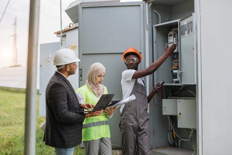 Multiracial people checking serviceability of solar panels